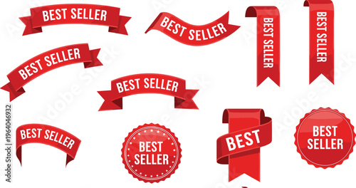 Collection of red best seller ribbons, badges, banners, and labels for premium product promotion, marketing campaigns, vector illustration graphic design.