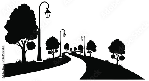 Vector illustration of silhouette of a winding path through a park with trees and street lamps