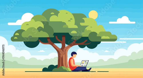 Man sitting under tree with laptop.