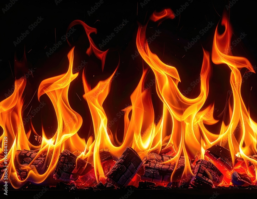 Fototapeta premium Intense flames flicker and dance over glowing embers of burning logs.