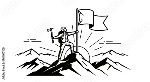 Man standing on mountain with flag.