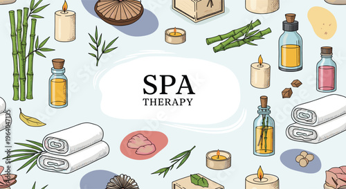 Spa therapy seamless pattern with essential oil bottles candles towels bamboo and stones for wellness and relaxation theme.