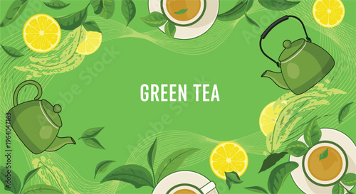 Green tea banner illustration featuring teapots cups of tea fresh leaves and lemon slices on a vibrant green background.