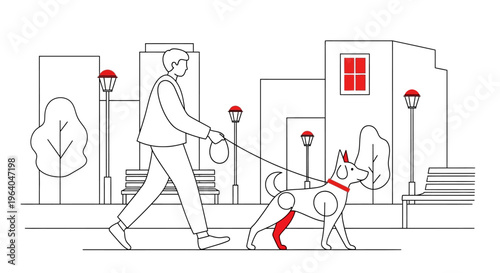 Man Walking Dog on Leash Outdoors.