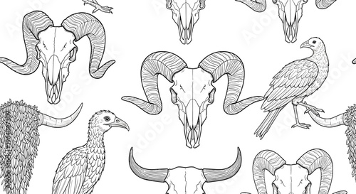 Intricate seamless pattern featuring various animal skulls like ram and bull with vultures and birds in hand-drawn style.