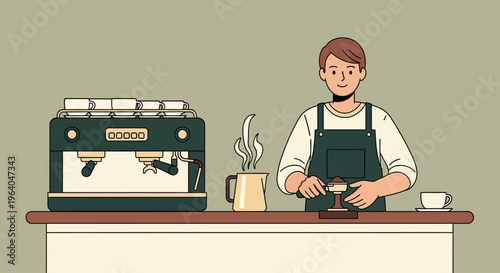 Man wearing apron behind counter.