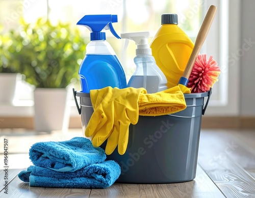 A bucket filled with cleaning supplies including spray bottles, gloves, towels, and a brush.