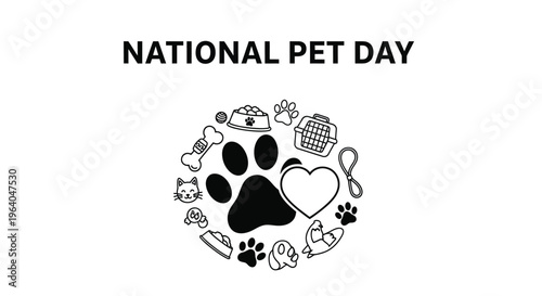National Pet Day vector graphic illustration with paw print and various pet care essentials forming a circular design