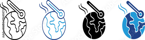 Basic Earth icon with climate change and global warming thermometer, earth heating up with hot steam for environmental education content
