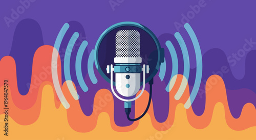 Microphone with sound waves around it.