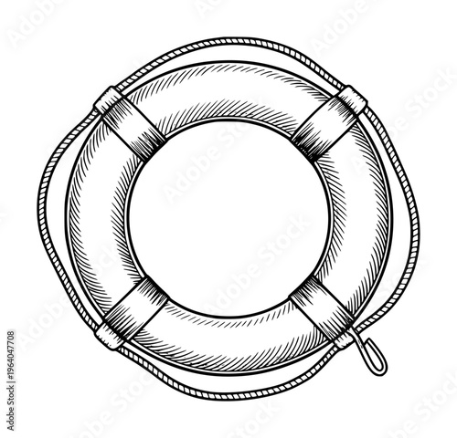 Vintage black and white of a life preserver ring with rope detail lifebuoy nautical