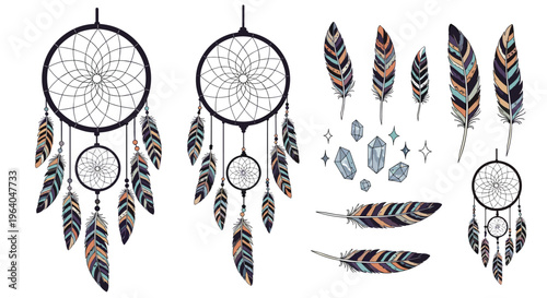 Set of bohemian dreamcatchers with hanging feathers crystals and stars for spiritual and mystical theme designs.
