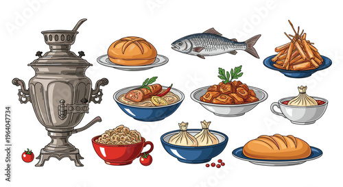 Assortment of traditional Russian food items including a samovar bread fish porridge and dumplings on white background.