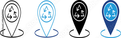 Recycling center or eco-friendly waste disposal point location marker symbols are suitable for digital maps, ecology applications and navigation.