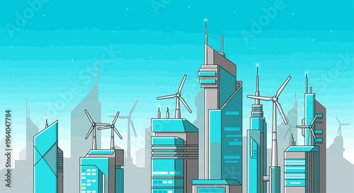 Modern city skyscrapers with wind turbines.