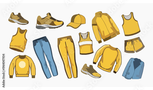 Yellow Sports and Casual Clothing Vector Collection with Shoes Hats and Apparel Cartoon Set