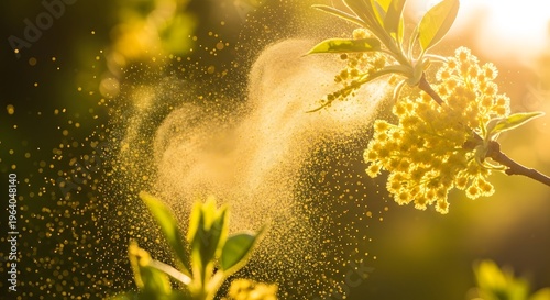 A vibrant yellow plant blooms in the sunlight with pollen particles flying through the air.