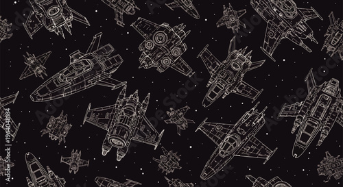 spaceships and spacecraft form a seamless sci-fi pattern featuring futuristic starfighters soaring through a cosmic background.