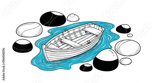 Vector illustration of an empty wooden rowboat floating on blue water surrounded by smooth, rounded rocks