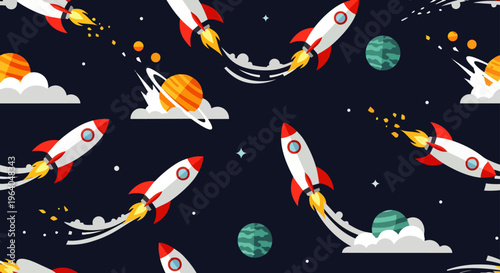 space rocket cartoon seamless pattern flying through outer space depicting themes of space travel exploration and adventure.