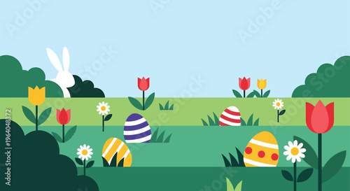 modern flat design easter egg hunt illustration with a cute rabbit colorful eggs and spring flowers in a vibrant meadow.