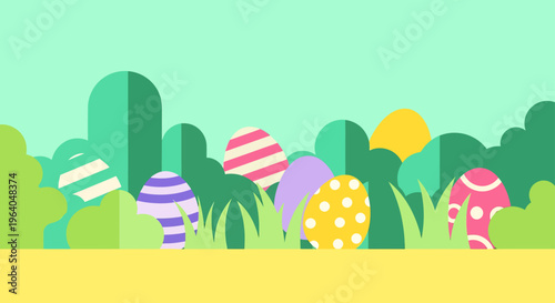 easter eggs egg hunt and spring flat design holiday illustration with colorful eggs hidden in green bushes and grass.