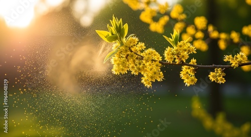 A close-up of a tree branch with yellow flowers and pollen blowing in the wind during a sunny day