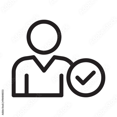 Simple black and white line icon depicting a person with a checkmark