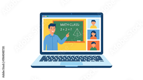 A cartoon illustration of a teacher giving an online math lesson to students via video call on a laptop computer.