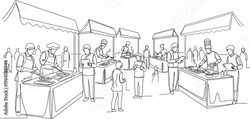 outdoor market scene, people shopping and selling food