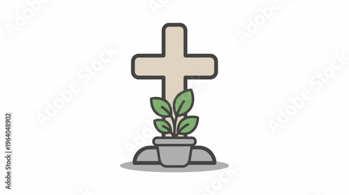 Illustrated Cross and Potted Plant A Symbol of Hope and Remembrance