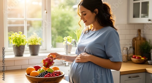 A pregnant woman in a kitchen preparing healthy food with a bowl of fruit