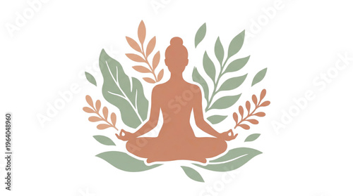 A serene woman meditating in a peaceful environment surrounded by leaves and nature