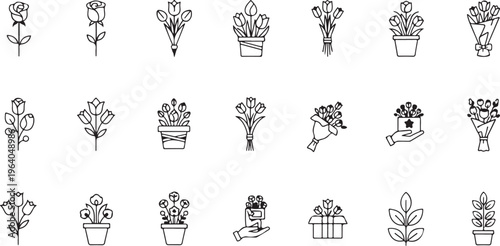 Collection of various flower and bouquet icons in line art style, including roses, tulips, and potted plants for gifts.