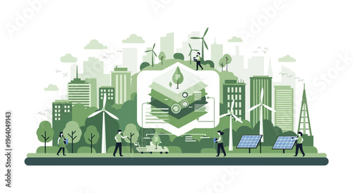 Eco-friendly city illustration with renewable energy, green technology, and sustainable urban living.