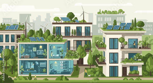 Eco-friendly city buildings with green roofs, solar panels, and wind turbines