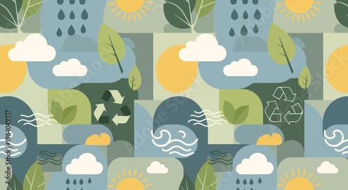Eco-friendly concept, nature elements, recycling, weather, sustainable living, abstract pattern