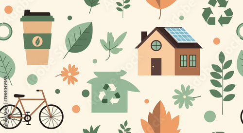 Eco-friendly lifestyle elements: house with solar panels, bicycle, recycling bin, coffee cup, leaves