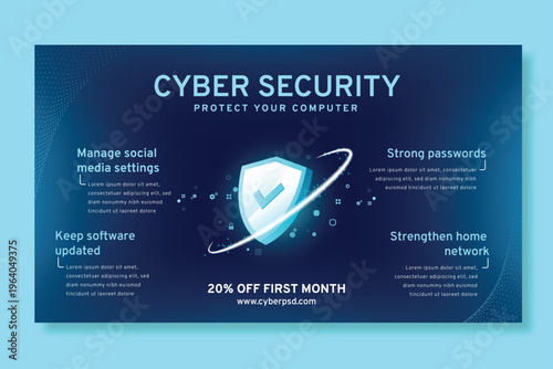A cyber security advertisement with a shield and checkmark on a blue background