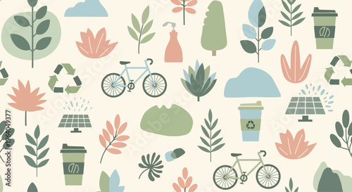 Eco-friendly lifestyle pattern: bikes, solar panels, recycling, plants, coffee cups