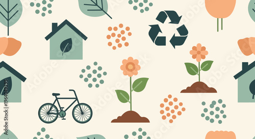 Eco-friendly lifestyle pattern: houses, bicycle, recycling, plants, flowers, trees