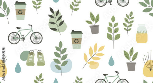 Eco-friendly lifestyle pattern: bicycle, coffee cups, plants, and rain drops