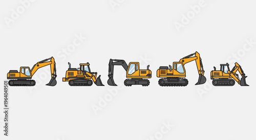 Excavators in various positions and angles.