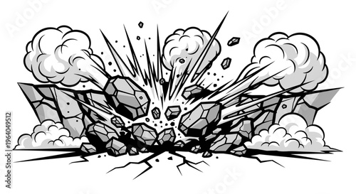 Explosion with smoke and debris flying.