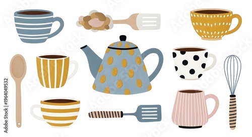 Cozy Dotted Teapot and Mugs Clip Art Set