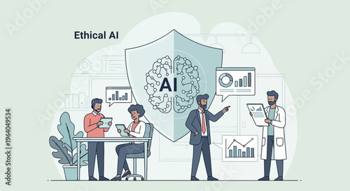 Ethical AI Concept: Diverse Team Discussing Artificial Intelligence Ethics and Data Analysis