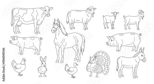 Farm animals in a simple line.