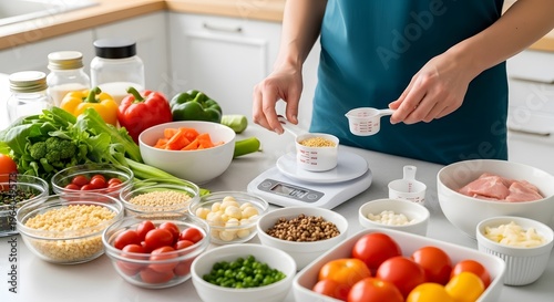 A person preparing a healthy meal in a modern kitchen with various ingredients