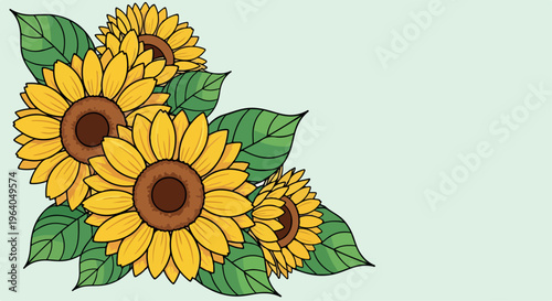 Cartoon Style Sunflower Corner Border Graphic on Light Green Background