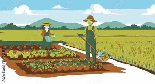 Farmers working in a vegetable garden.